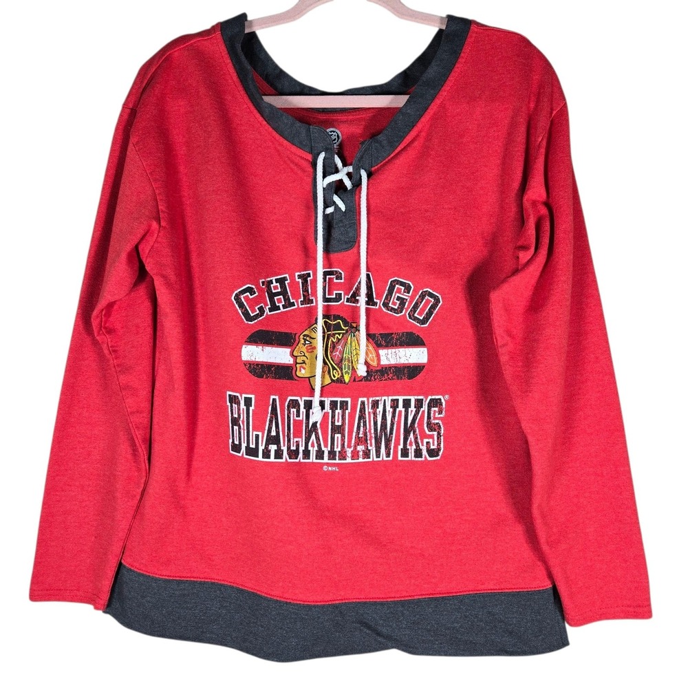 Chicago Blackhawks NHL Lace Up Shirt Womens Medium Red Hockey Long Sleeve